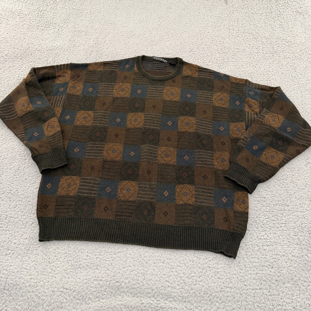 Consensus Sweater Mens XL Wool Blend Patchwork Geometric Textured Brown